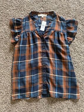 LOFT Navy & Rust Plaid Button-Down Flutter Sleeve Top